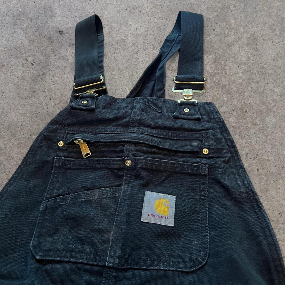Vintage Carhartt R01-M Black‎ Double Knee Duck Canvas Bib Overalls Distressed 30